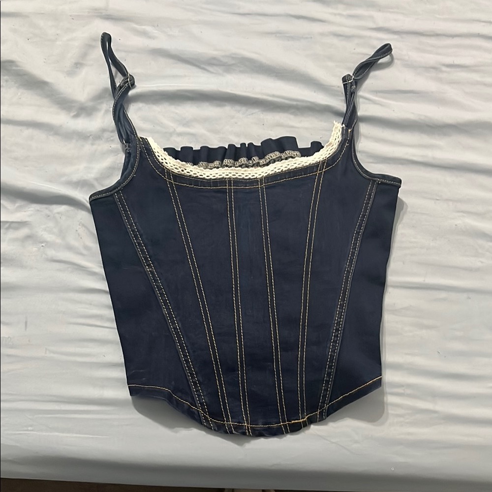 Navy Blue Lace Trimmed Women's Top